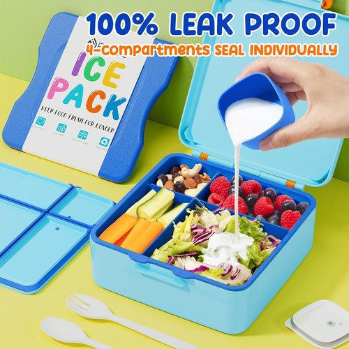 Fimibuke Bento Box - Leak Proof Lunch Container with Ice Pack | 4 Compartments, BPA Free, Microwave Safe for Kids & Adults