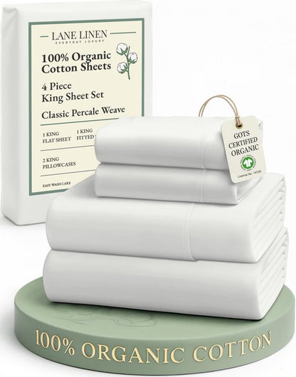 LANE LINEN 100% Organic Cotton King Bed Set, 4-Piece Cotton Bed Sheets, Crisp Percale Weave, Ultra Soft Bedding Sets & Collections, 15" King Size Sheets Deep Pocket Set - Glacier Grey