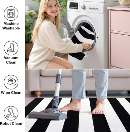 OLANLY Striped Rug - Washable Black and White Cotton Doormat | 3' x 5' for Indoor & Outdoor Use