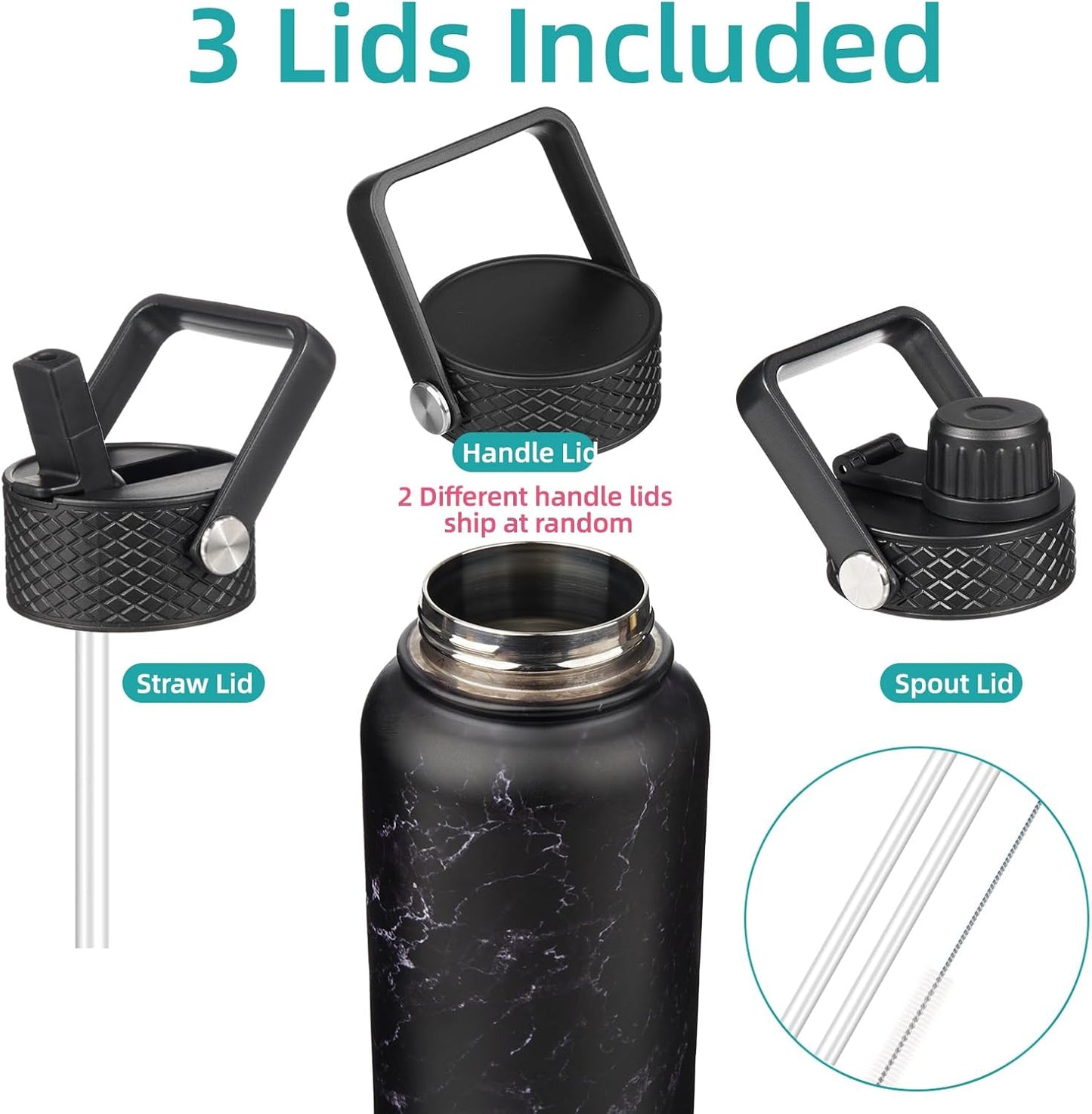 Skiennix 18 oz Insulated Water Bottle - Stainless Steel Sport Bottle with 3 Lids | Marble Midnight