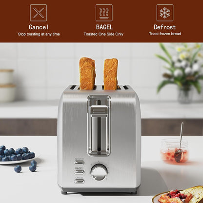 Runnatal 2-Slice Stainless Steel Toaster - Multifunctional with 7 Settings, Defrost & Bagel Functions | Easy to Clean, Silver