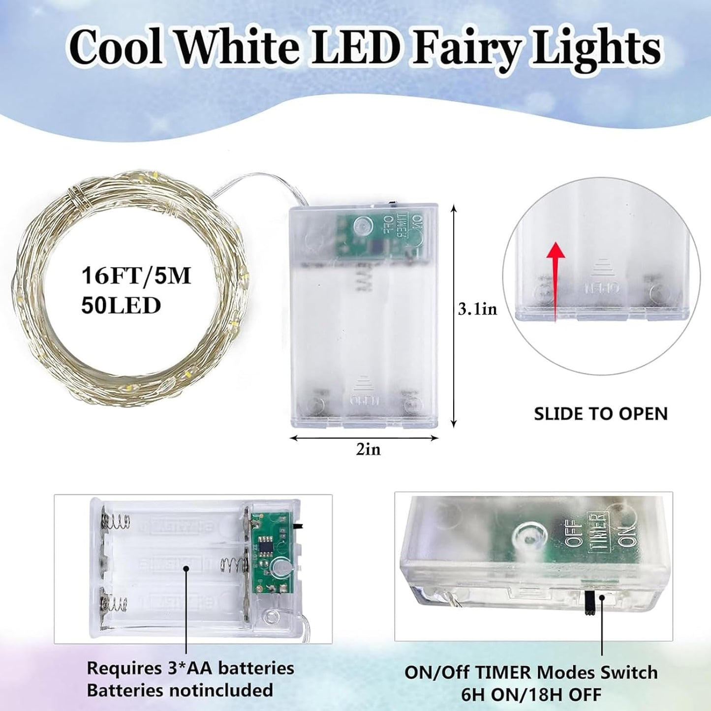 Skiennix 6-Pack Battery Operated Fairy Lights - Waterproof 16FT 50 LED String Lights for Indoor/Outdoor Decor | Cool White