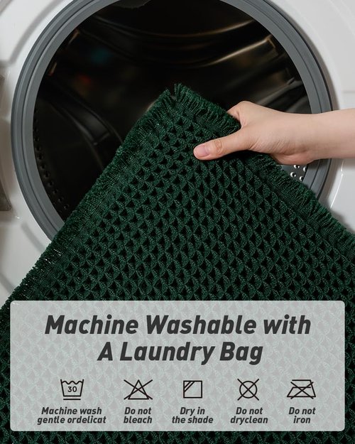 AMOAMI Upgraded Waffle Bath Mat, Super Absorbent Non Slip Bath Mats for Bathroom Floor, Machine Washable Bathroom Rugs with Tassels, Rubber Backed Bathroom Mats, Ultra Soft, 20" x 32", Dark Green