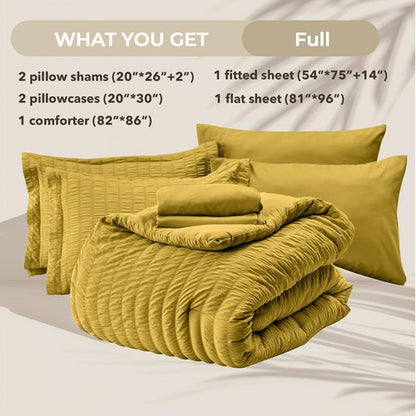 HYMOKEGE Mustard Yellow Full Size Comforter Sets Seersucker 7 Pieces, All Season Luxury Bed in a Bag for Bedroom, Bedding Set with Comforter, Sheets, Pillowcases & Shams