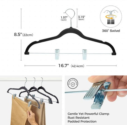 HOUSE DAY Velvet Hangers - Adjustable Clips & 360° Hook | 30 Pack Heavy-Duty Non-Slip Suit Organizer (Black)