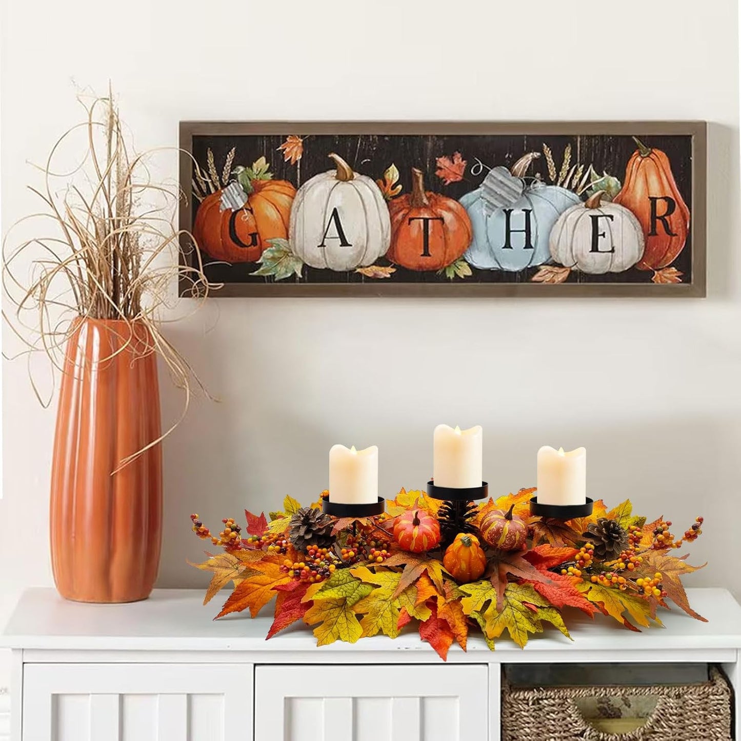 Thanksgiving Centerpiece - Artificial Gourd, Pumpkins, Pine Cones & Maple Leaves | Harvest Table Decor