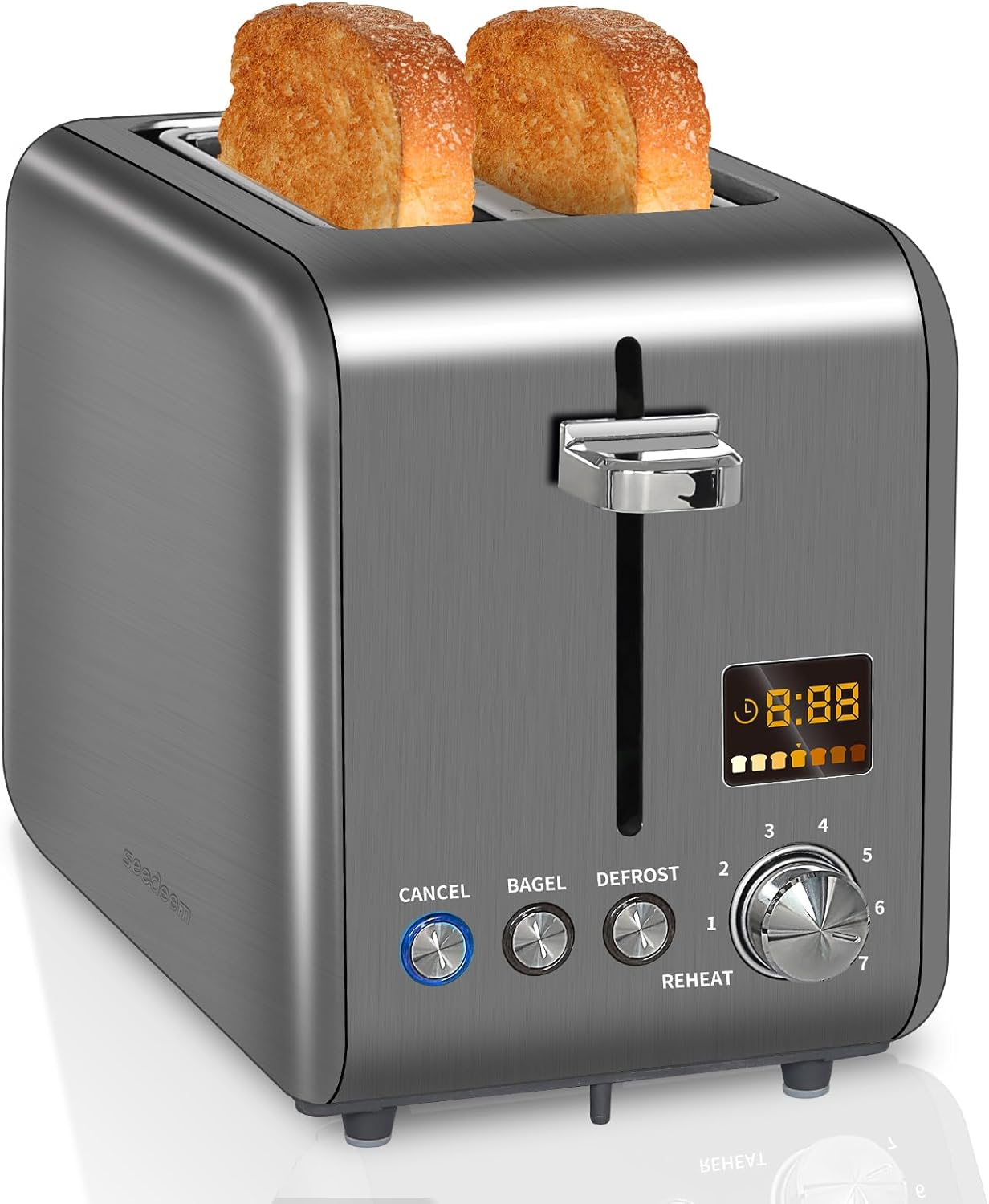 SEEDEEM 2-Slice Stainless Steel Toaster - LCD Display, 7 Shade Settings, 1.4'' Wide Slots, Dark Metallic Finish