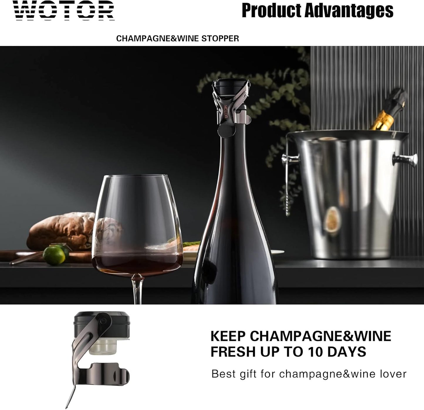 WOTOR Champagne&Wine Bottle Stoppers Stainless Steel with Food Grade Silicone, Leak Proof Keep Fresh Reusable Saver, Cork Suitable for Wine, Champagne, Cava, Prosecco and Sparkling (4 Pack Black）
