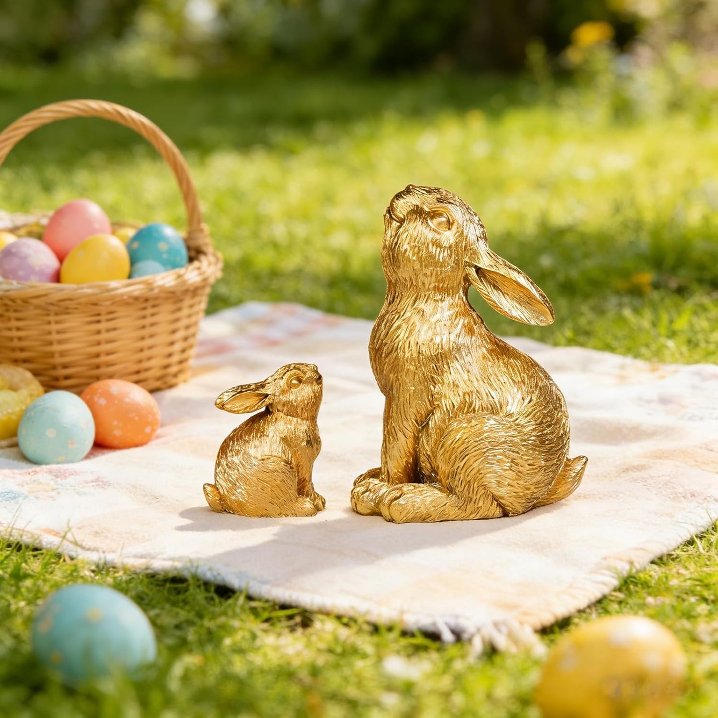 Skiennix Easter Rabbit Resin Statues - Charming Large & Small Outdoor Sculptures | Unique Gold Decor