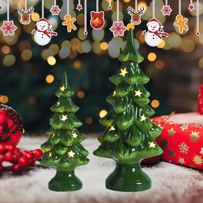 Taman Ceramic Christmas Tree Set - Light Up Tabletop Decor with Warm Lights | 10” & 7.5” Sizes