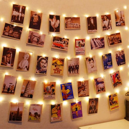 HXWEIYE 50LED Photo String Lights - Warm White 16.4Ft Battery-Powered Fairy Lights with Clips & Hooks for Pictures