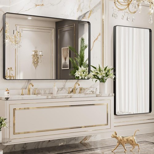 LOAAO Black Metal Framed Bathroom Mirror - 40x24 Inch Large Rounded Rectangle, Anti-Rust Design