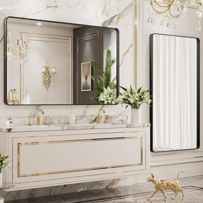 LOAAO Black Metal Framed Bathroom Mirror - 40x24 Inch Large Rounded Rectangle, Anti-Rust Design