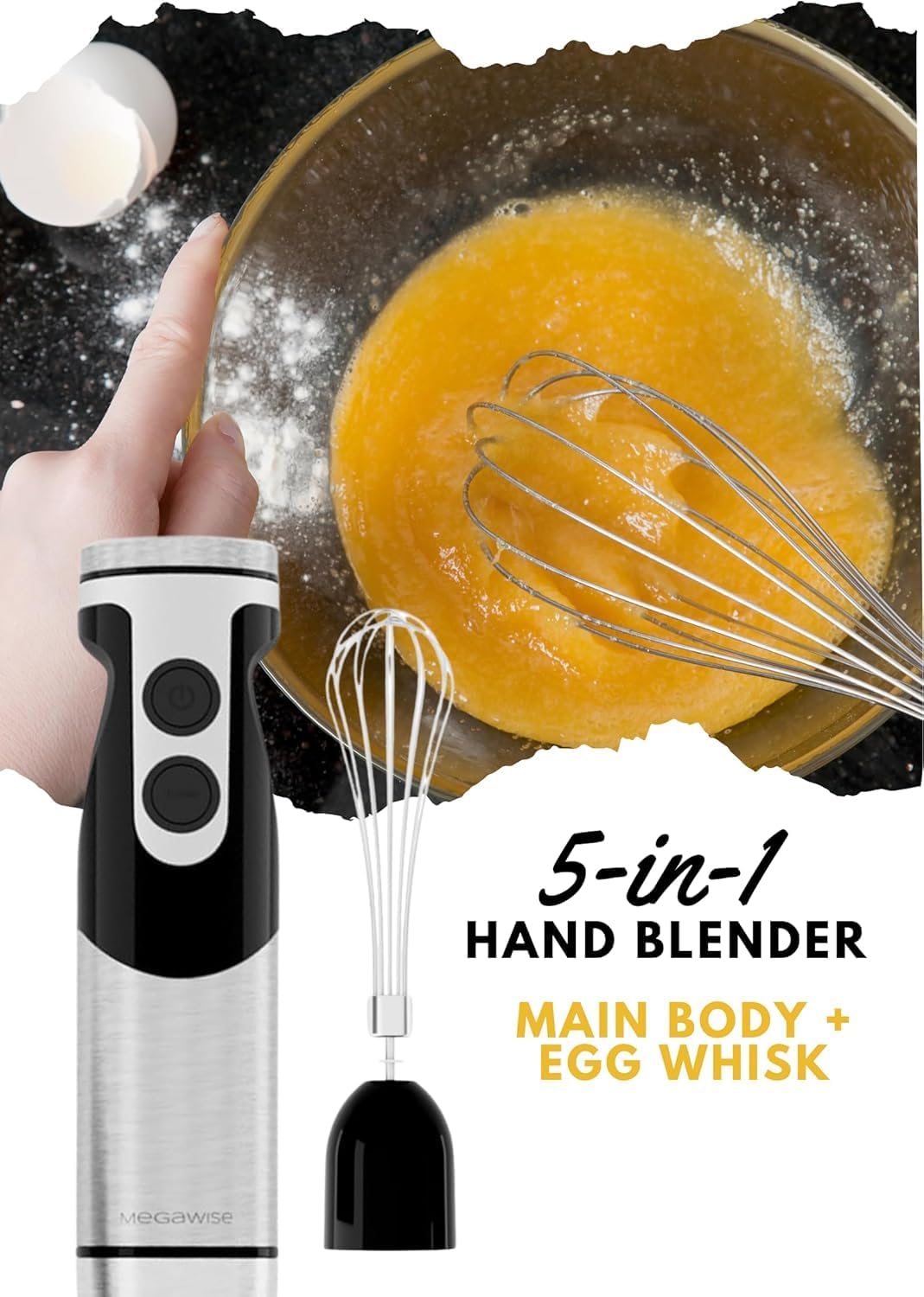 MegaWise Pro 5-in-1 Immersion Hand Blender - 400W Power, 12-Speed, Includes Chopper & Whisk | Black
