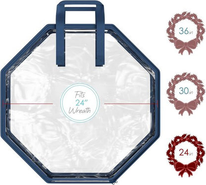 Hearth & Harbor Wreath Storage Container - Premium Clear Christmas Wreath Bag with Dual Zipper & Handles - 24" Organizer Box
