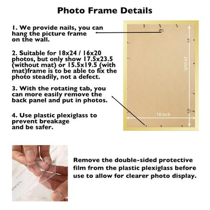 JCJMY 18x24 Picture Frame with 16x20 Mat, Display Photo 16x20 with Mat or 18 x 24 Without Mat, Wall Hanging Large 18 by 24 Poster Frame with Plexiglass, Gold