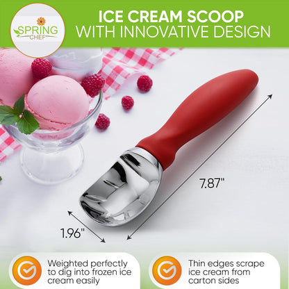 Spring Chef Ice Cream Scoop - Professional Heavy-Duty Sturdy Scooper with Soft Grip Handle | Red