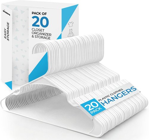 Beddora Plastic Hangers - 20 Pack White Clothes Hangers for Closet Organization & Space-Saving Design