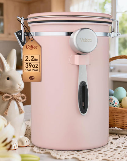 Veken Coffee Canister - 39oz Airtight Stainless Steel Storage for 2.2lbs Coffee, Sugar, Tea | Pink with Date Tracker & Scoop