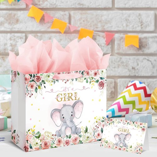 Laidans Large Pink Floral Elephant Baby Shower Gift Bag - Includes Tissue Paper & Card