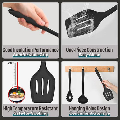 E-far Silicone Cooking Utensils Set - 7-Piece Heat Resistant Nonstick Kitchen Tools | Black & Dishwasher Safe