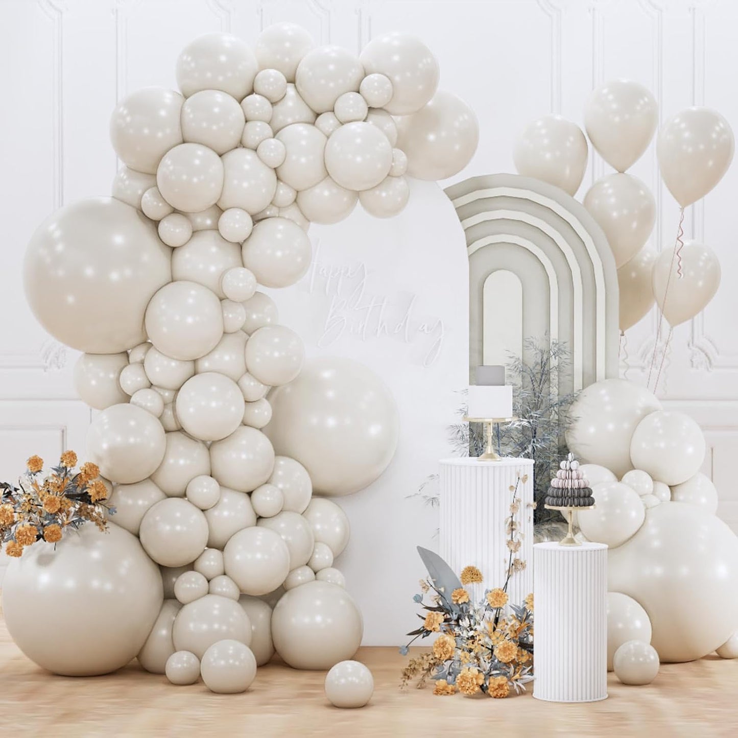 PartyWoo White Sand Balloons - 155-Piece Boho Neutral Balloon Arch Kit for Weddings & Parties | 5-18 Inch
