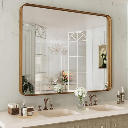 LOAAO Bathroom Mirror - 40x30 Inch Rounded Rectangle with Wood Grain Metal Frame | Anti-Rust, Versatile Hanging Options