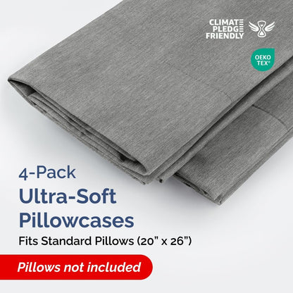 Skiennix Standard Pillow Cases Set of 4 - Soft Hotel Quality Covers - Machine Washable Heathered Grey
