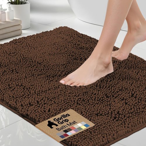 GORILLA GRIP Bath Rug Mat - Thick Soft Absorbent Chenille | Quick Dry Microfiber, 44x26, Brown