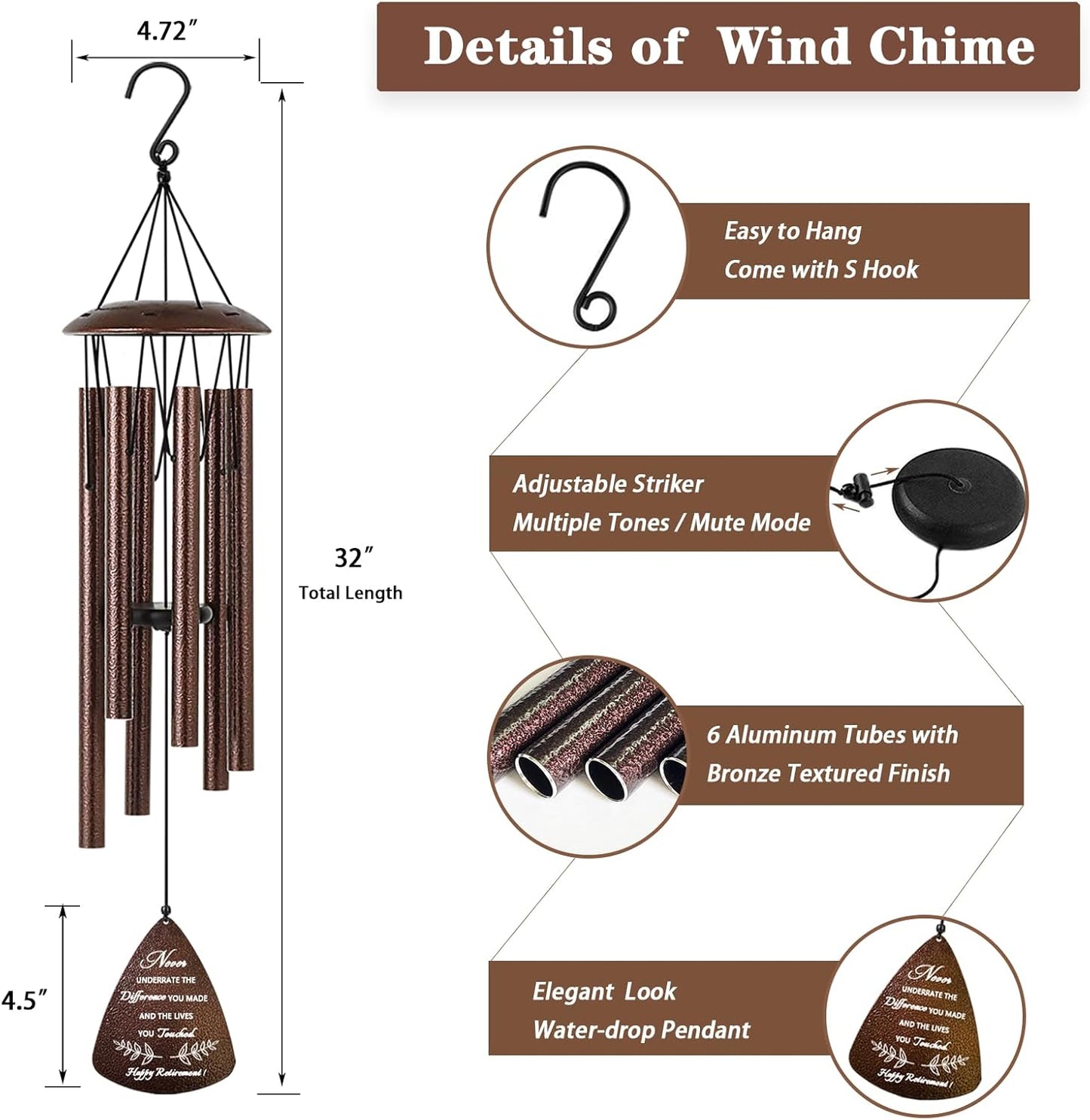 Soopau Wind Chimes - Thoughtful Retirement Gift for Women & Men | 32" Size for Colleagues & Friends