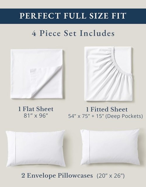 LANE LINEN 100% Organic Cotton Full Size Bed Sheets - Soft, Comfy, Oeko-Tex Certified, 15" Deep Pocket - White