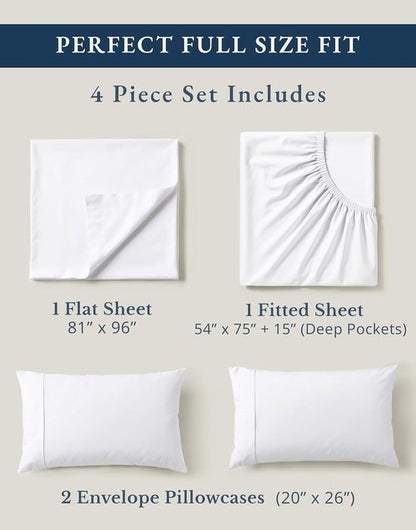 LANE LINEN 100% Organic Mercerized Cotton Full Bed Sheet Set - Soft, Comfy, Fade Resistant, Oeko-Tex Certified, 15" Deep Pocket - White