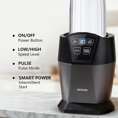 Liebe&Lecker Smoothie Blender - 1200 Peak Watts Personal Blender with 2 To-Go Cups & Solid Lid | Ice Crushing & Frozen Fruit