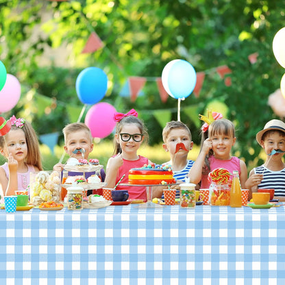 Skiennix Blue Checkered Tablecloth - 6 Pack Waterproof Disposable Plastic | 54 x 108 Inch for Parties & Picnics