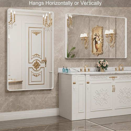 LOAAO Bathroom Mirror - 60x36 Inch White Metal Framed, Large Rounded Rectangle, Anti-Rust Glass | Versatile Wall Mount