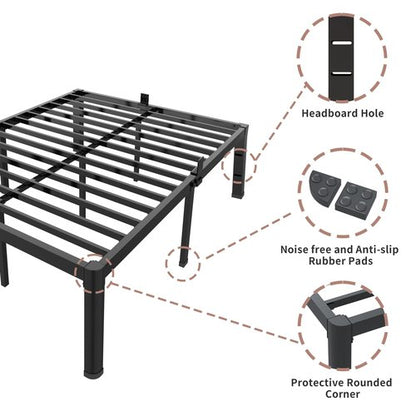 ROIL 18 Inch Queen Bed Frame with Rounded Corner and Headboard Hole Mattress Retainers 3500LBS Metal Heavy Duty Steel Slats No Box Spring Needed Platform Noise-Free Easy Assembly
