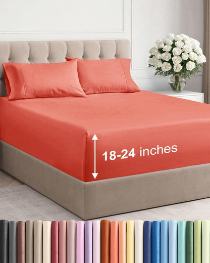 Skiennix Extra Deep Twin Sheet Set - 4-Piece Breathable Cooling Bedding - Soft, Wrinkle-Free Coral