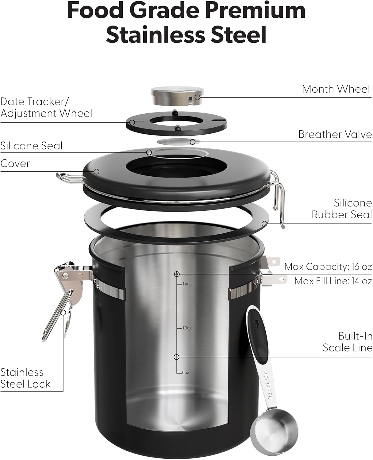 Veken Coffee Canister - Airtight Stainless Steel Storage with Window & Date Tracker | 16oz Black