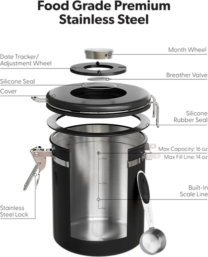 Veken Coffee Canister - Airtight Stainless Steel Storage with Window & Date Tracker | 16oz Black