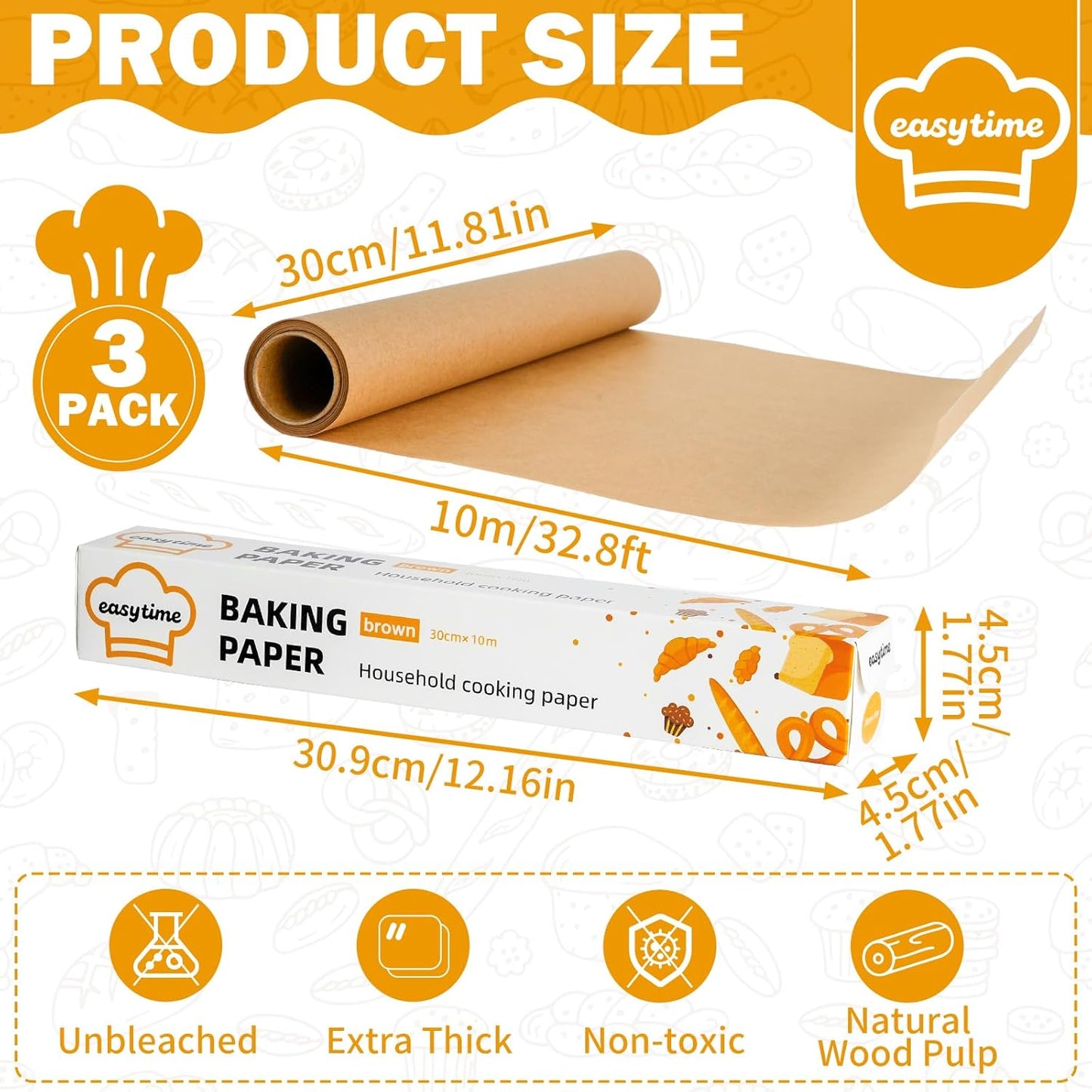 Unbleached Parchment Paper Roll - Non-Stick Baking Paper with Built-In Cutter | 12in x 98ft