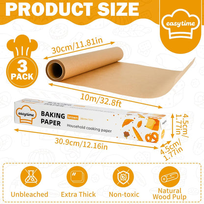 Unbleached Parchment Paper Roll - Non-Stick Baking Paper with Built-In Cutter | 12in x 98ft