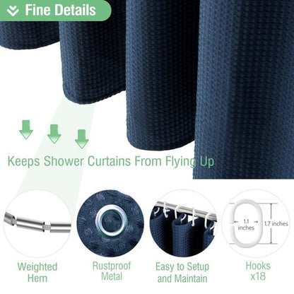 Dynamene Extra Wide Shower Curtain-108 Inch Wide Waffle Weave Weighted Thick Cloth Bathroom Shower Curtain, Neutral Heavy Duty Hotel Bath Curtain Set with 18 Plastic Hooks,108x72, Navy Blue