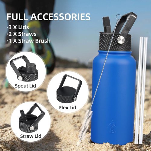 BJPKPK Insulated Water Bottle - 32oz Metal Bottle with Straw Lid, BPA-Free, Leak-Proof - Sapphire