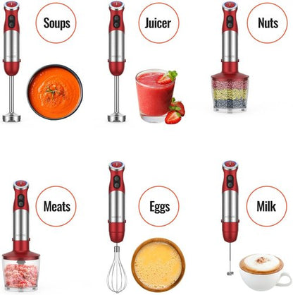 KOIOS 5-in-1 Hand Immersion Blender - 1000W, 12 Speed, Stainless Steel Blade, Red | Includes Mixing Beaker & Food Processor