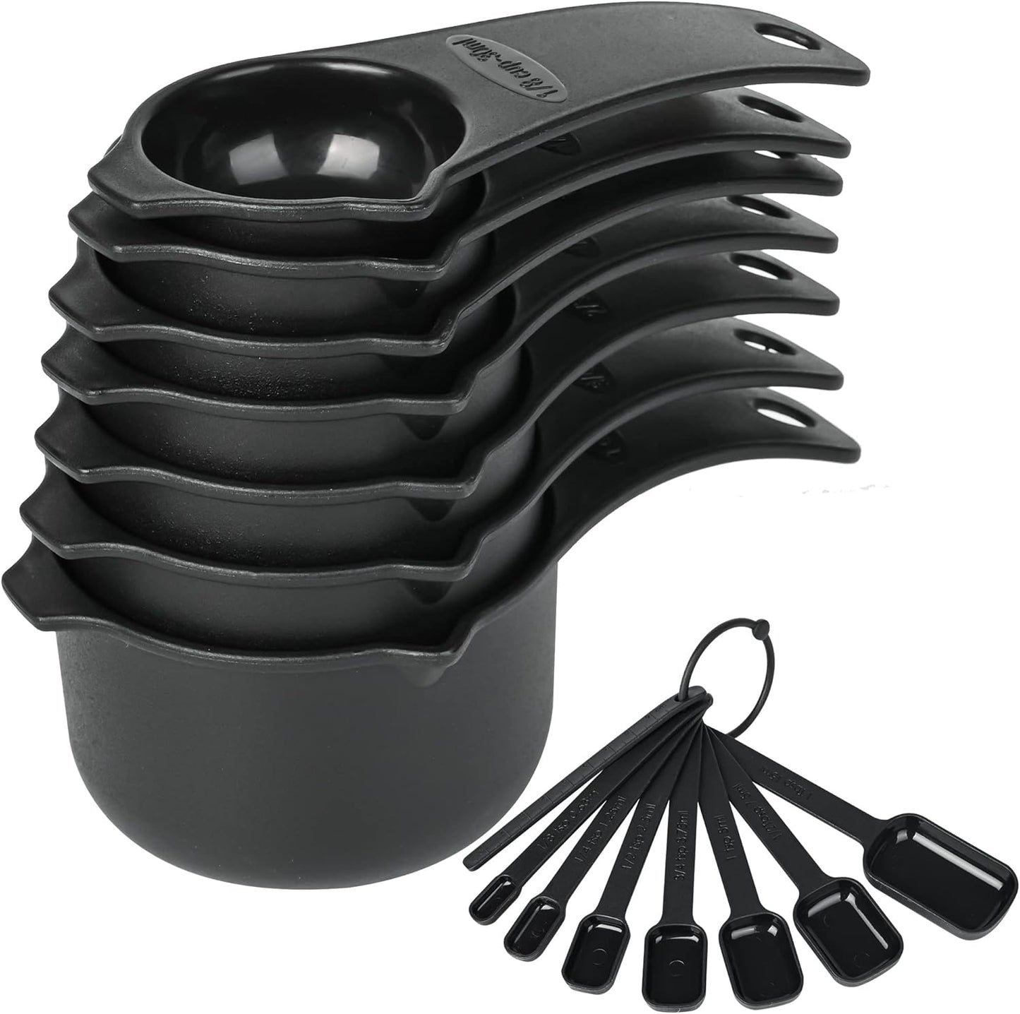 Skiennix Measuring Cups and Spoons Set - 15-Piece Plastic Kitchen Tools with Long Handle Spoons & Leveler - Black