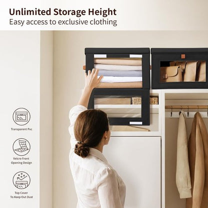Homsorout Collapsible Storage Bins - Large Stackable Organizer Bins with Handles & Window | 4 Pack, Black