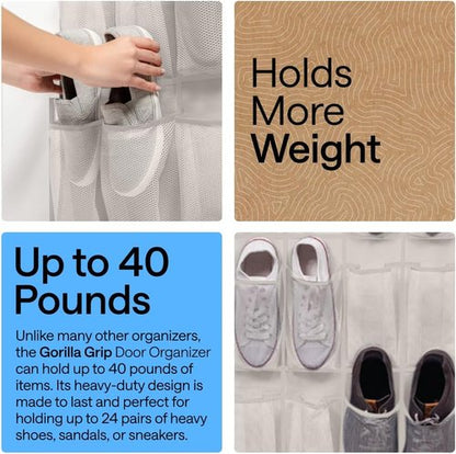 GORILLA GRIP Over The Door Shoe Organizer - 24 Large Breathable Mesh Pockets | Space-Saving Storage Solution