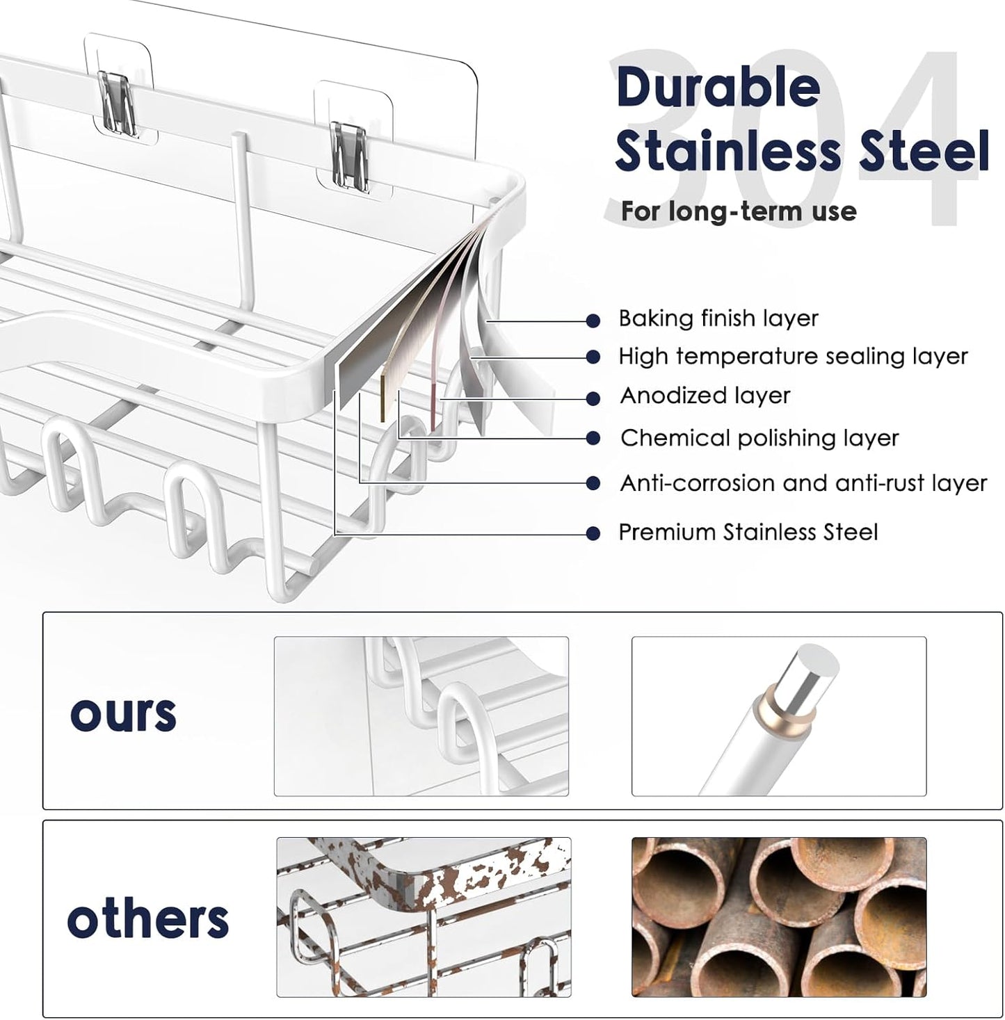 NESOMI Shower Caddy - Rustproof Stainless Steel Organizer with Large Capacity | 7-Pack No-Drill Rack