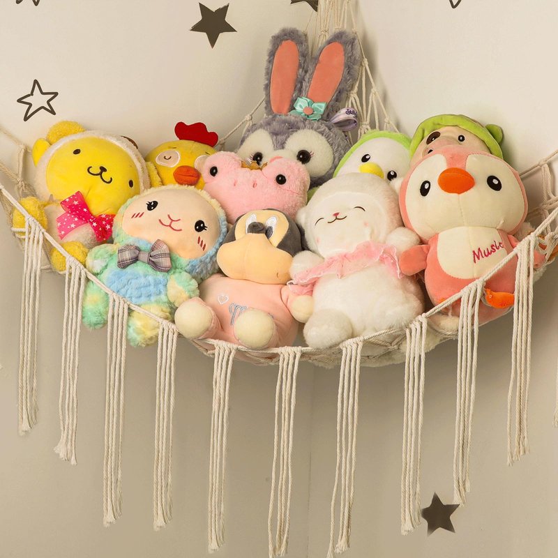Stuffed Animal Hammock Corner, Hand-knitted Large Plushie Net Toy Hammock with Wooden Rings | Boho Cute Stuff Animal Storage for Nursery & Bedroom | Mesh Kids Toy Organizer Holder Nursery Room Decor