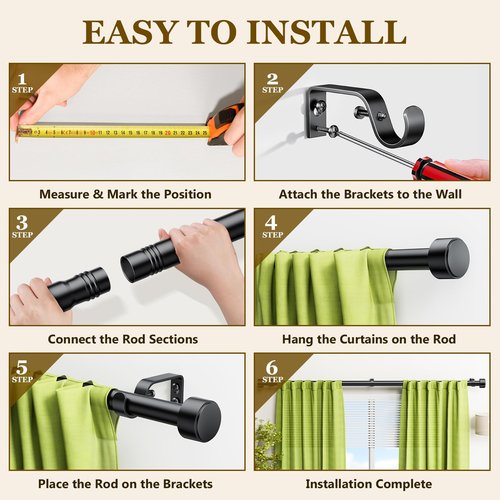 Curtain Rods for Windows 32-96 Inch, 1 Inch Adjustable Black Curtain Rod Set with Brackets, Easy Install